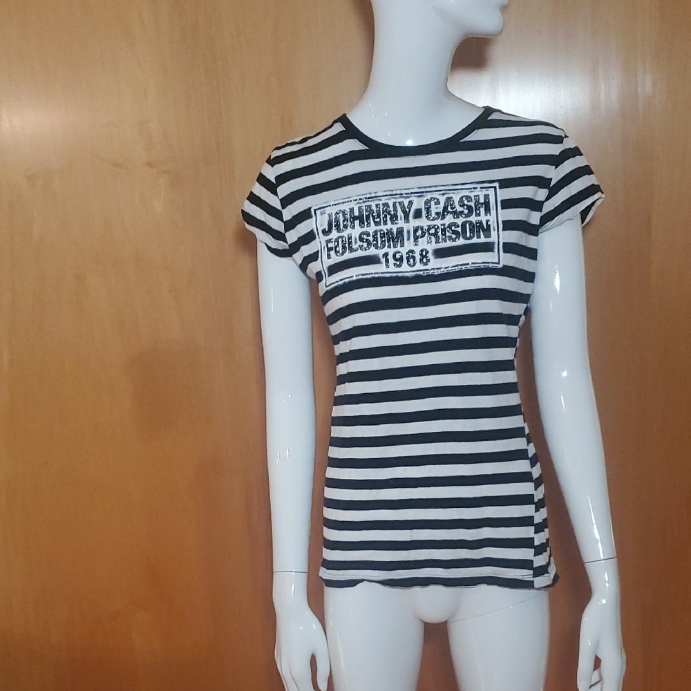 Johnny Cash Official Band Tee - Folsom Prison - Black And White Stripes